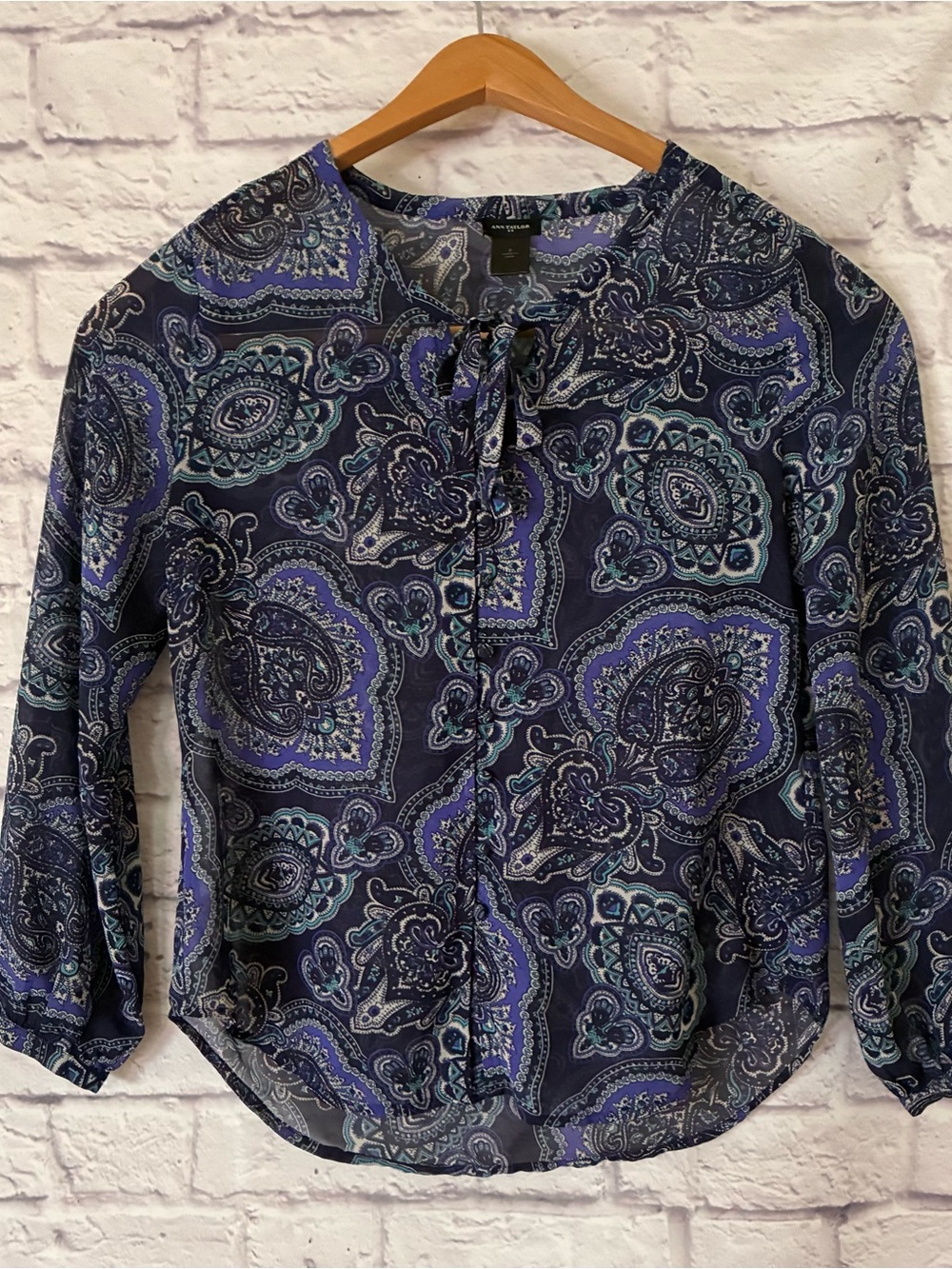 Ann Taylor Navy and Blue Paisley Tie-Neck Blouse - Small